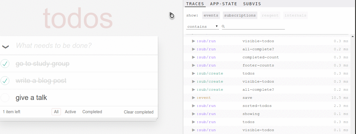 re-frame trace demonstrating the app-state tab